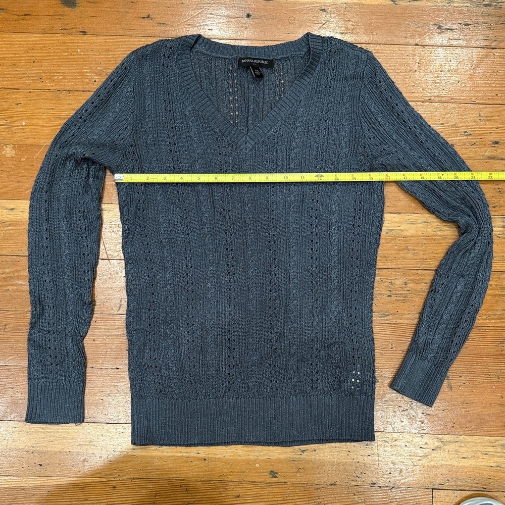 Gray metallic V-Neck pointelle Knit Sweater